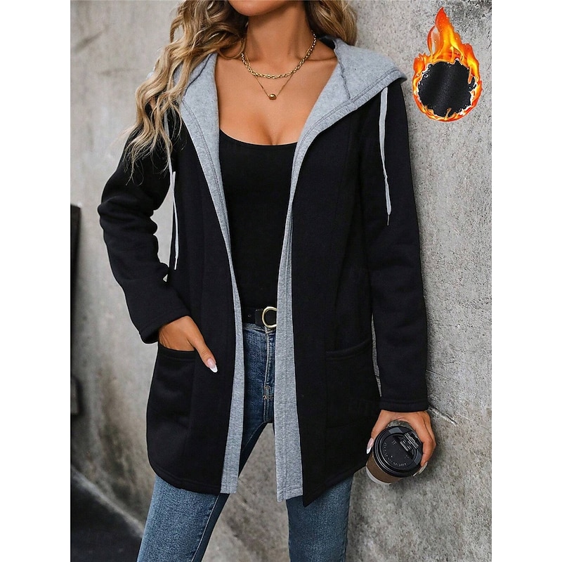 Women's Casual Jacket Hoodie Jacket Outdoor Street Daily Wear Fall Winter Regular Coat Regular Fit Thermal Warm Breathable Stylish Casual Jacket Long Sleeve Plain with Pockets Black4