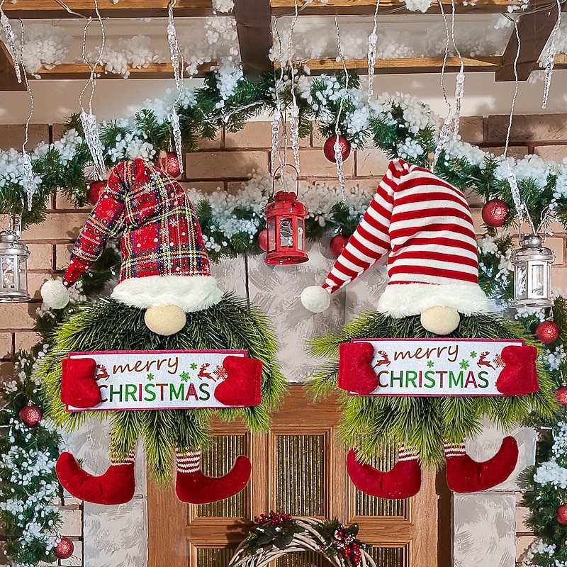 Christmas Gnome Wreath for Front Door Outdoor Door Winter Wreath Sign, Decorative Elf Hanging Ornament for Front Door, Festive Wall Decor for Holiday Season, Indoor Christmas Wreath3