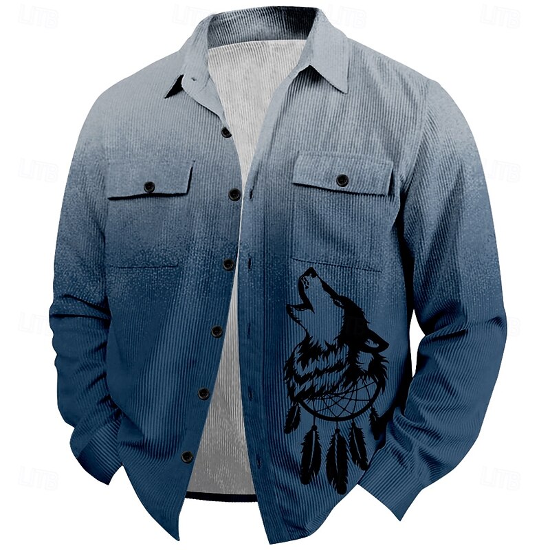 Christmas Men's Wolf Corduroy Shirt Shirt Jacket Overshirt Long Sleeve Vintage Tribal Outdoor Dailywear Fall & Winter Turndown Collared Shirts Buttons 3D Print 2 Pockets 1pc Black Grey Army Green Red3