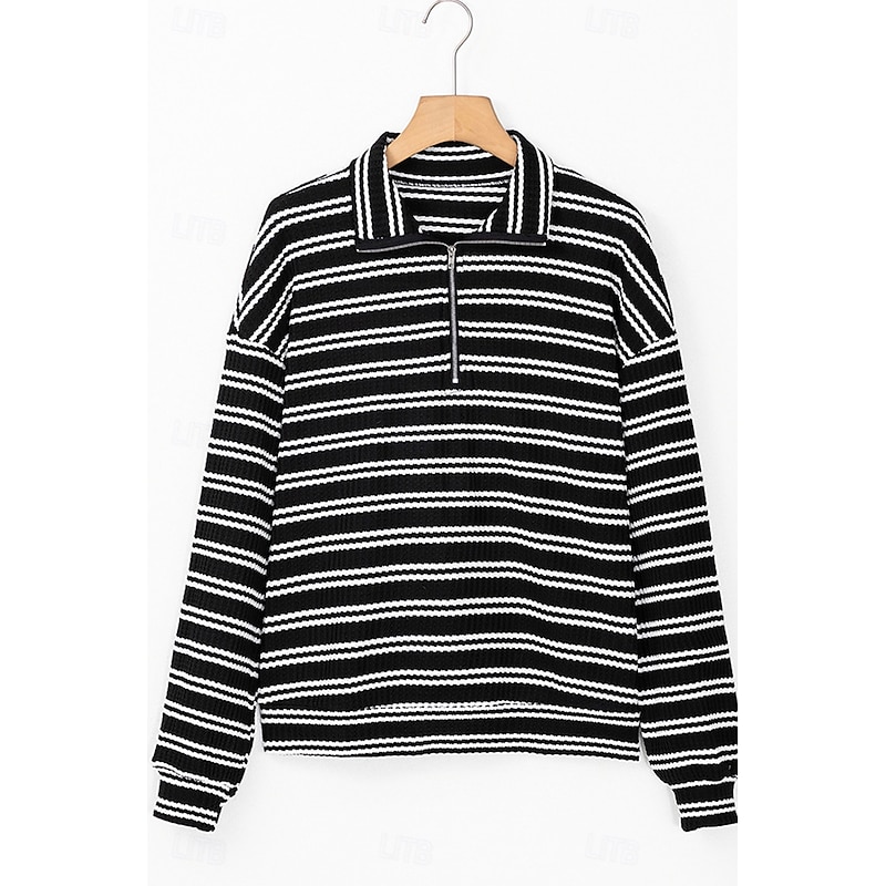Women's Shirt Blouse Striped Casual Long Sleeve Shirt Collar Regular Tops Daily Zipper Print Black Fall Winter3