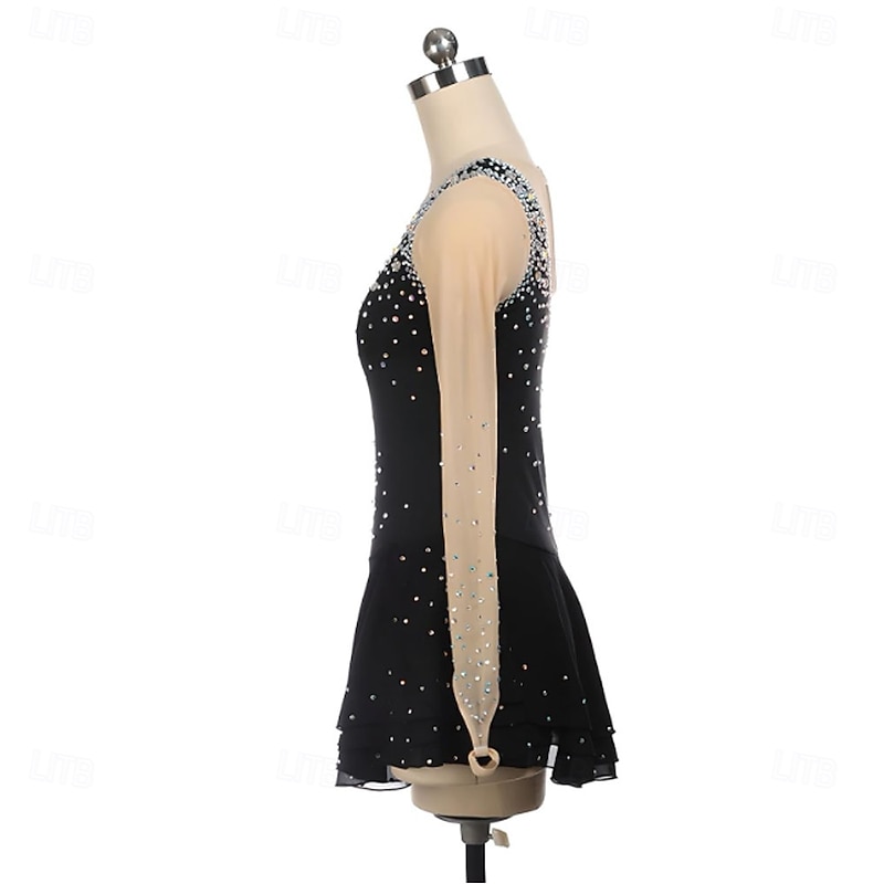 Girls Figure Skating Dress Long Sleeves One Shoulder Round Neck Rhinestone Ballet Dance Competition Costume4