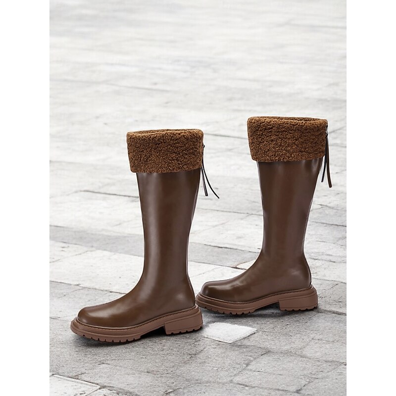 Women's Extra Wide Calf Brown Knee-High Boots with Faux Fur Cuff – Cozy Winter Footwear with Rugged Sole for Outdoor Comfort3