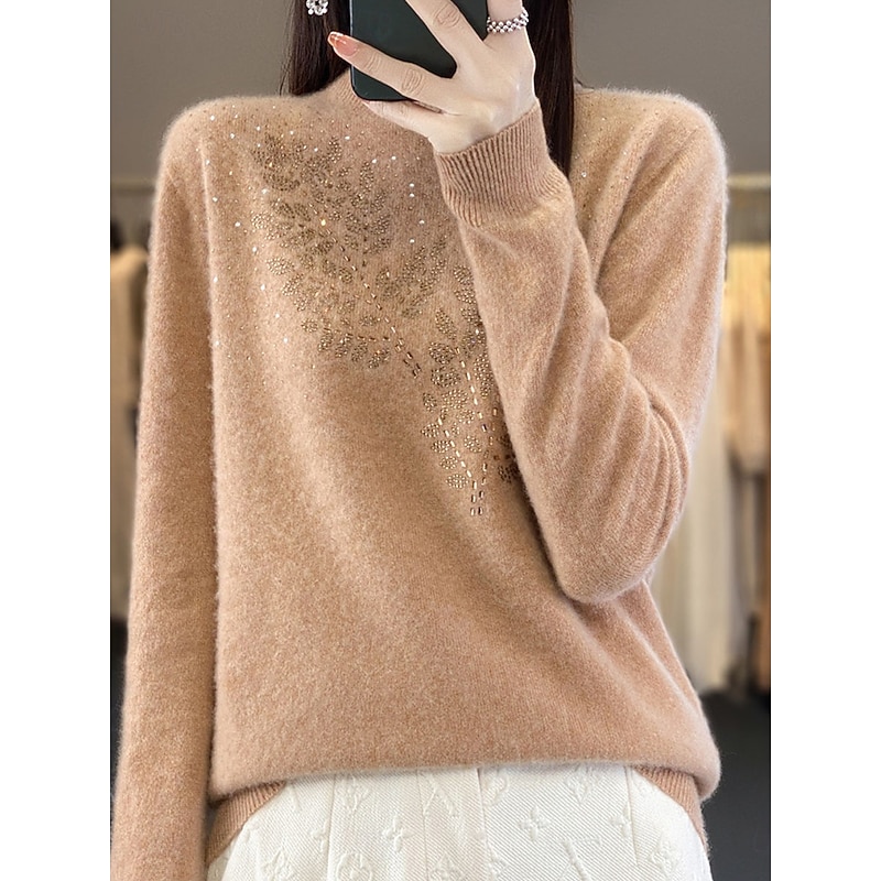 Women's Sweater Pullover Sweater Jumper Casual Soft Pure Color Ribbed Stand Collar Knitted Long Sleeve Regular Tops Knit Outdoor Daily Weekend Camel Beige Fall Winter3