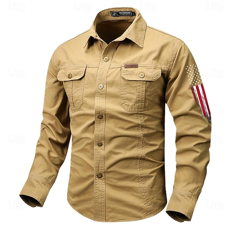 Men's American US Flag Patriotic Work Shirt Western Shirt Cargo Shirt Long Sleeve Vintage Western Casual Sports & Outdoor Going out Winter Spring &  Fall Turndown Print Black Army Green Red Blue Khaki3