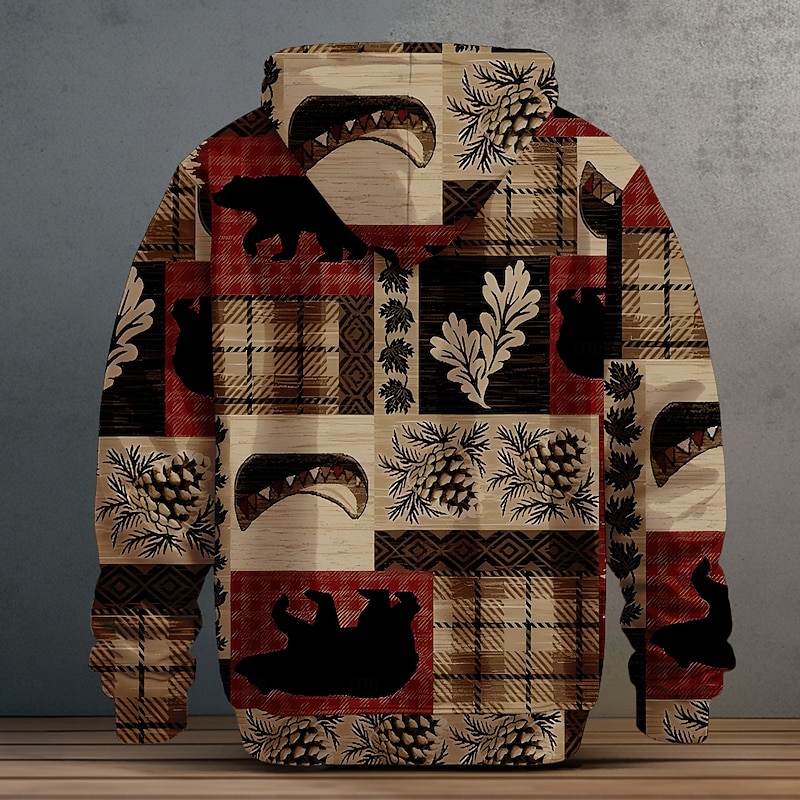 Men's Bear Folk Fleece Hoodie Hoodies Fashion Ethnic Long Sleeve Hooded Vacation Sports Outdoor Streetwear Brown Drawstring Fall Winter Designer2