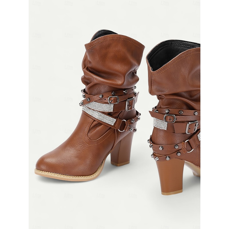 Women's Brown Slouchy Mid-Calf Boots with Studded Straps and Rhinestone Embellishments – High Heel Western Style for Party and Casual Wear3