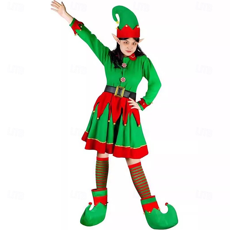 Elf Outfits Fancy Christmas Dress Christmas Costume Women's Christmas Adults Christmas New Year Christmas Eve Christmas Party Dress Belt Socks Shoes Hat2
