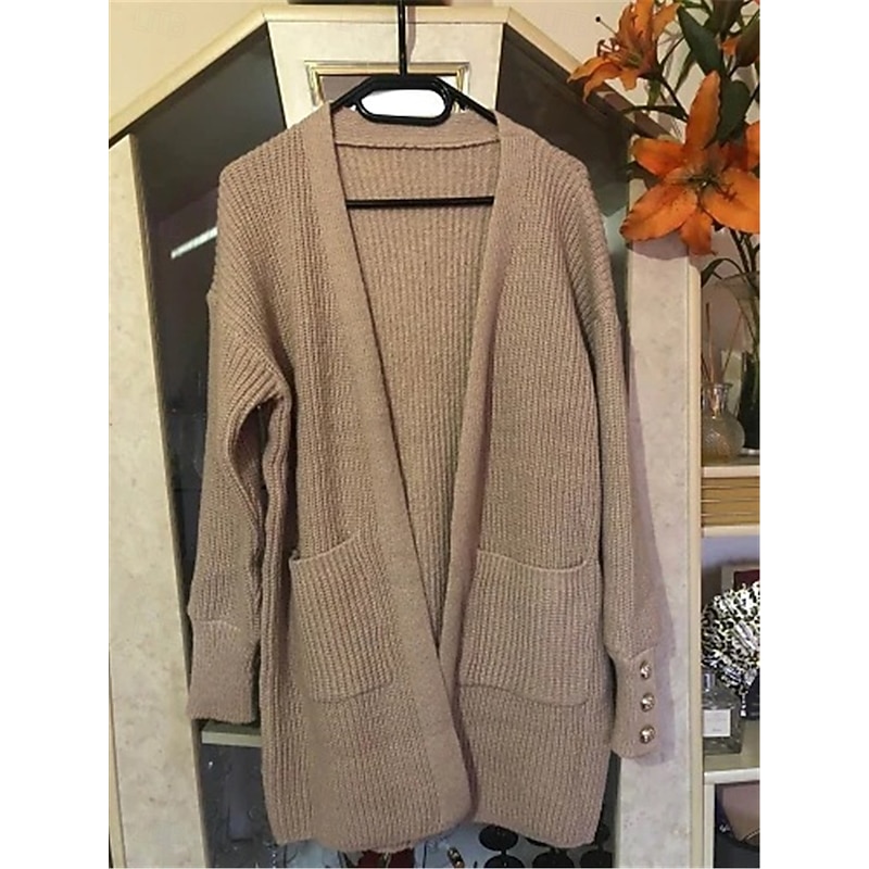 Women's Sweater Cardigan Casual Soft Pure Color Ribbed Open Front Buttons Pocket Knitted Long Sleeve Long Tops Knit Outdoor Daily Weekend Khaki Fall Winter4