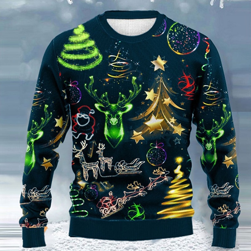 Ugly Christmas Sweater Men's Sweaters Elk Pullover Jumper Knitwear Knitting Print New Years Eve Sweater Outdoor Daily Vacation Long Sleeve Crewneck Fall Winter Army Green Red Ink Blue S M L2