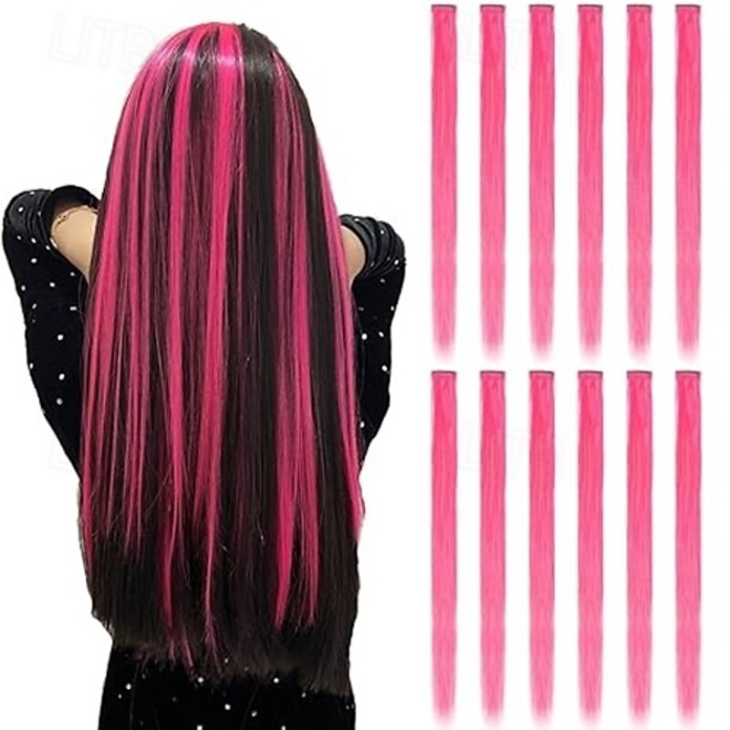 12PCS Colored  Hair Extensions Straight Multicolor Clip in Colorful 20 Inch Rainbow Hair Extensions for Kids Women's Gifts Halloween Christmas Party Highlights (12pcs Red)4