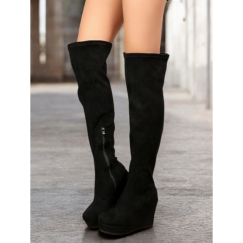 Women's Brown Over-the-Knee Wedge Boots with Side Zipper – Faux Suede Texture and Comfortable Platform for Casual and Stylish Outfits