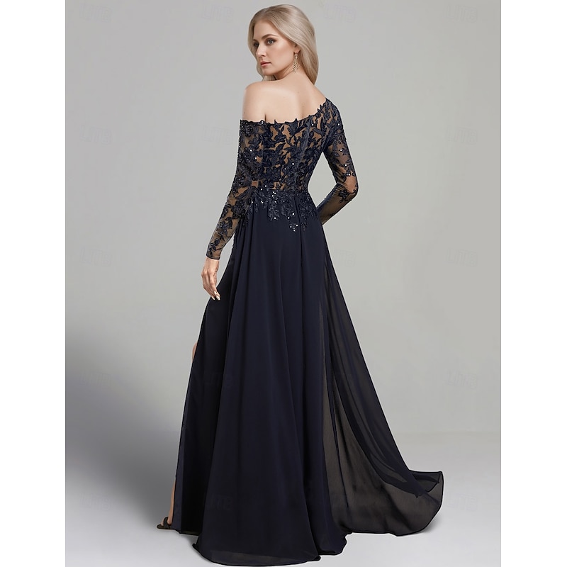 Sheath Dress Mother of the Bride Dress Formal Elegant One Shoulder Floor Length Chiffon Long Sleeve with Lace Solid Color4