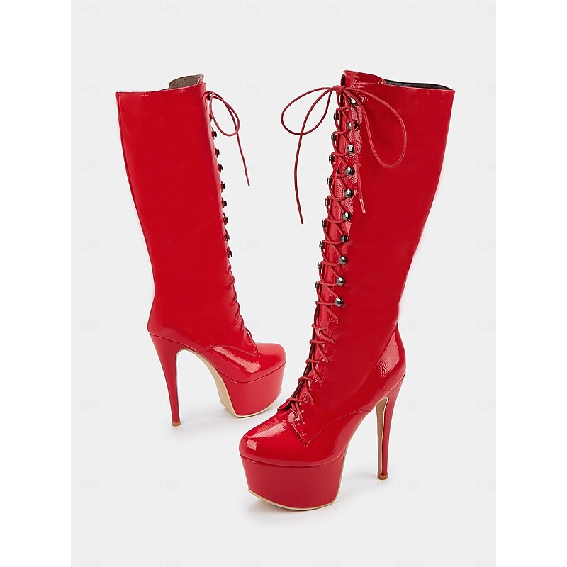 Women's Red Patent Leather Platform Lace-Up Knee-High Boots – Sexy Gothic Stiletto Heels for Clubwear, Cosplay, and Party Events4