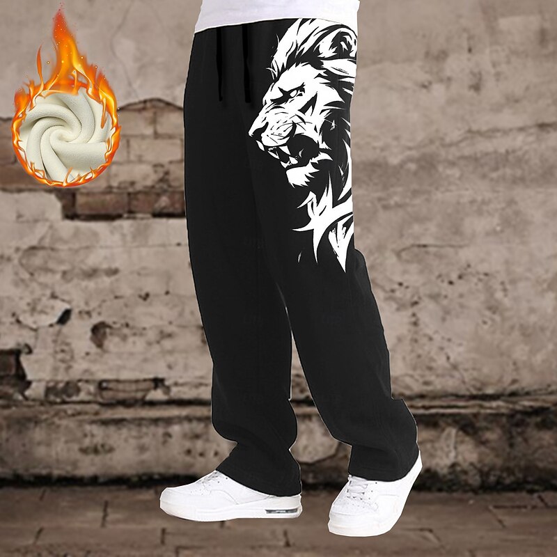 Men's Lion Joggers Fleece Sweatpants Drawstring Elastic Waist Casual Outdoor Street Dailywear Pocket Straight Leg Trousers Thermal Winter 3D Print Black