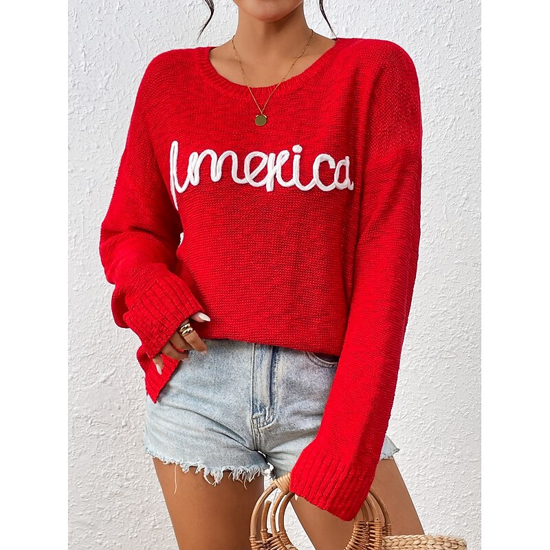 Women's Sweater Pullover Sweater Jumper Crew Neck Ribbed Knit Knitted Fall Winter Outdoor Daily Weekend Casual Soft Long Sleeve Letter White Red