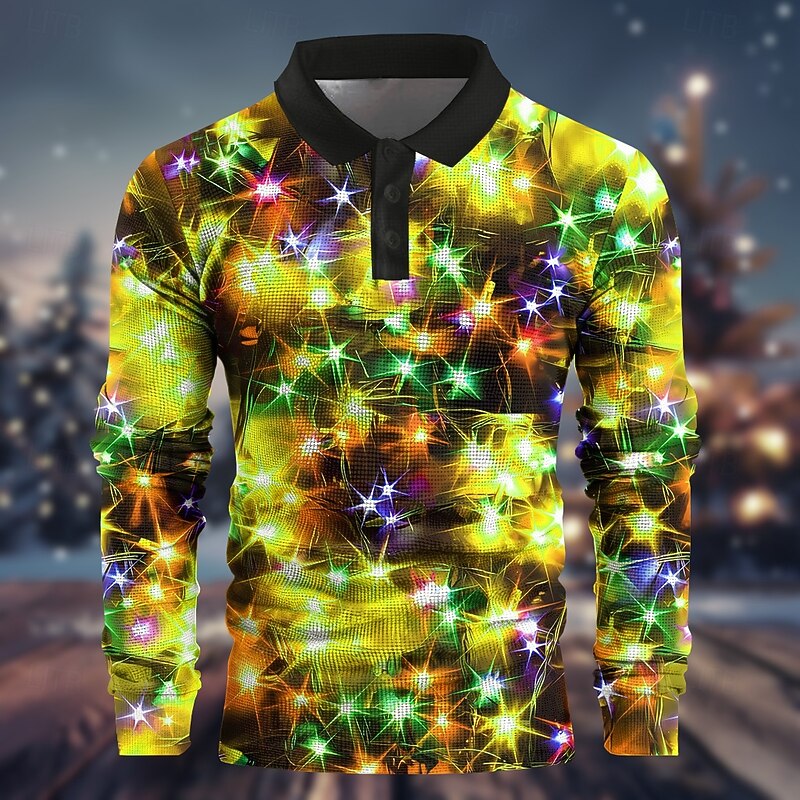 Christmas Men's Christmas Light 3D Polo Dazzle color Funny Waffle Long Sleeve Party Evening New Years Eve Shirts Spring Fall Winter Button 3D Print Collar Yellow Red Purple Micro-elastic Polyester2