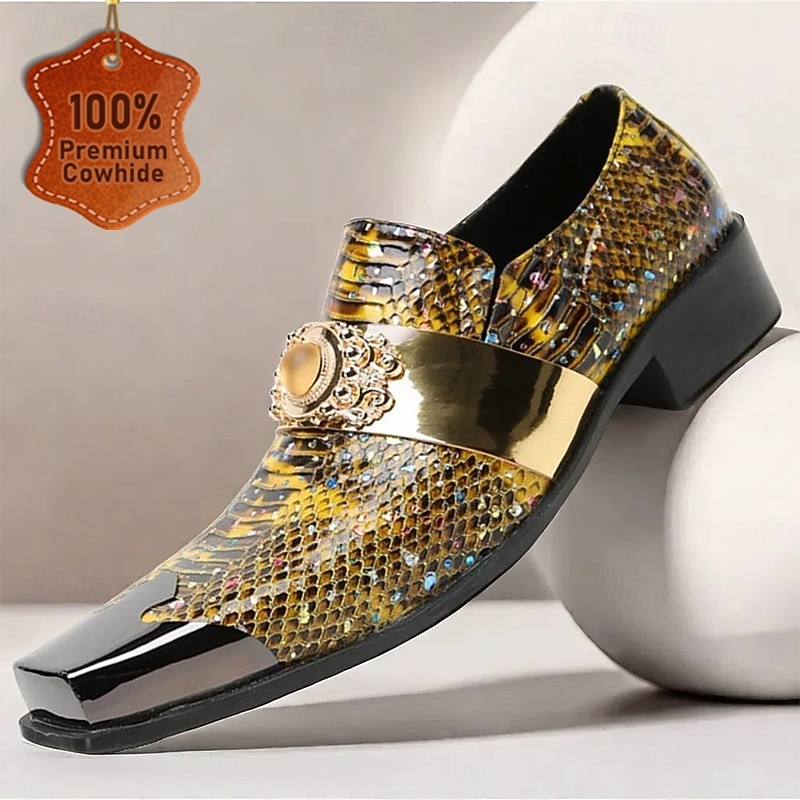 Men's Snake Print Leather Slip-On Dress Shoes with Gold Tip Gold Metal Embellishment–Premium Cowhide, Formal Party Footwear