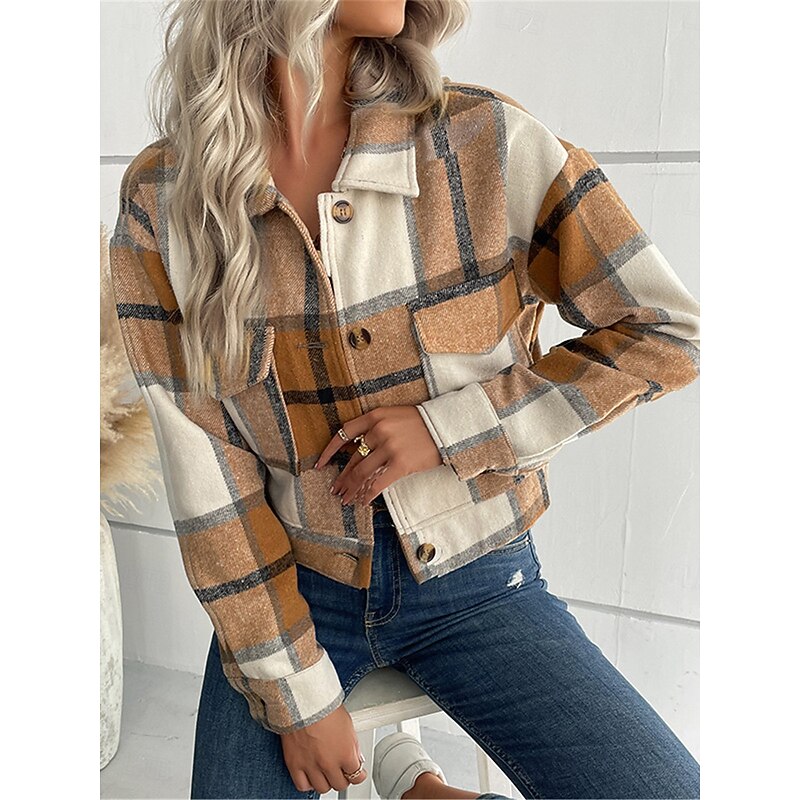 Women's Casual Jacket Outdoor Street Daily Wear Fall Winter Short Coat Regular Fit Thermal Warm Breathable Stylish Casual Jacket Long Sleeve Stripes and Plaid with Pockets Print Black Navy Blue Purple4