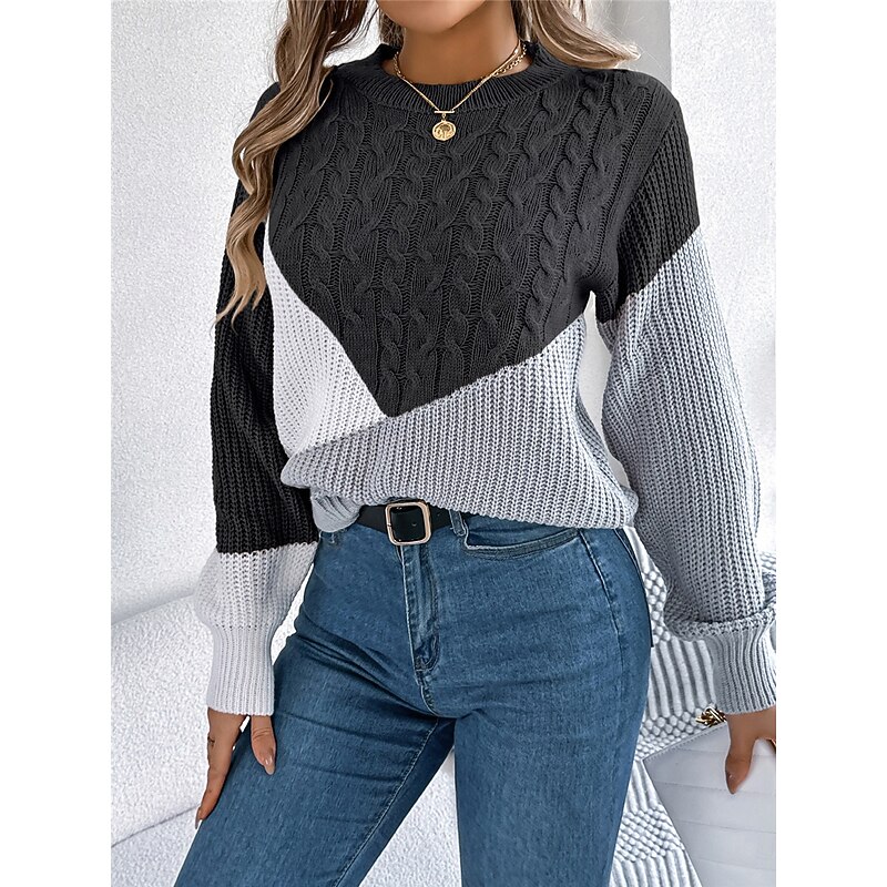 Women's Sweater Pullover Sweater Jumper Casual Soft Color Block Ribbed Crew Neck Patchwork Knitted Long Sleeve Regular Tops Knit Outdoor Daily Weekend Black Pink Fall Winter4