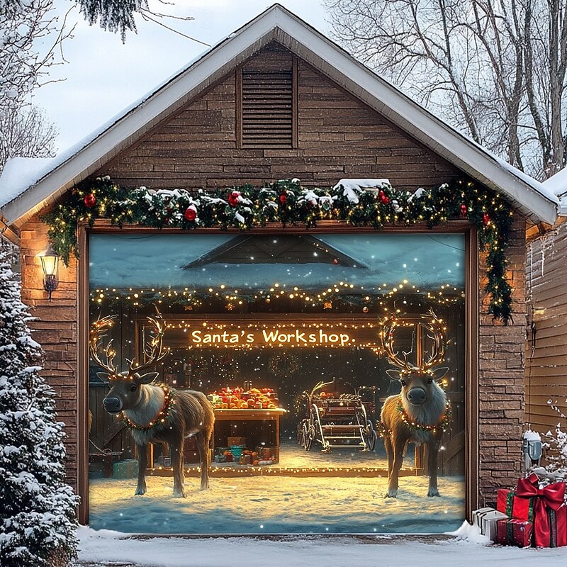 Christmas Door Decorations Outdoor Garage Door Cover Xmas Tree Banner Farmhouse Large Christmas Backdrop for Holiday Outdoor Garage Door Home Wall Decorations 35