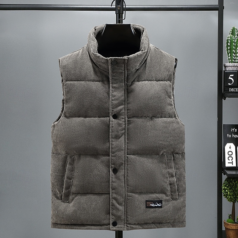 Men's Puffer Vest Corduroy Vest Quilted Vest Daily Wear Vacation Going out Fashion Basic Spring &  Fall Zipper Corduroy Comfortable Plain Zipper Stand Collar Regular Fit Black White Brown Dark Gray3