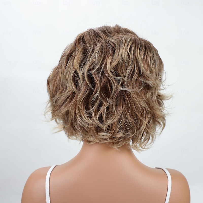 Synthetic Wig Curly With Bangs Wig Short Ombre Brown Synthetic Hair Women's Brown4