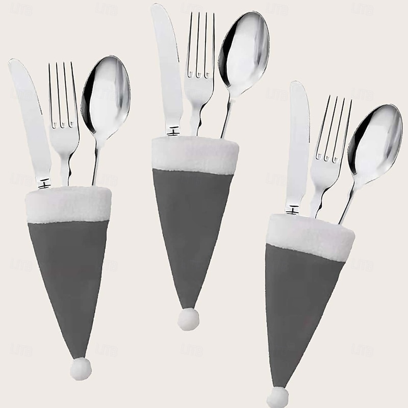 10pcs Gray Christmas Mini Hat Decorations, Santa Hats for Cutlery, Wine Bottle Covers, Festive Holiday Table Decor2