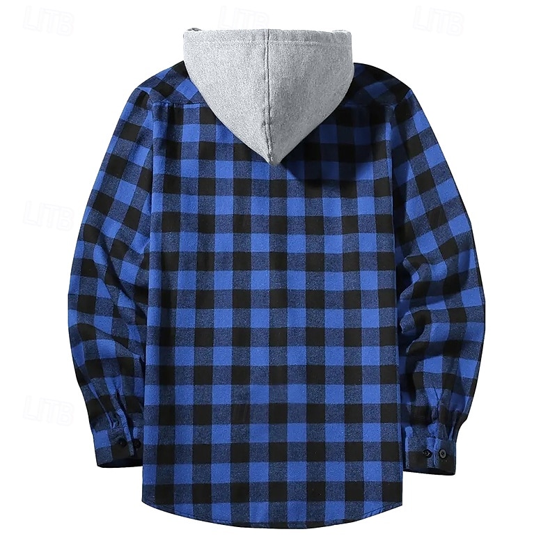 Men's Shirt Flannel Shirt Overshirt Plaid Outdoor Street Red Royal Blue Purple Orange Long Sleeve Hooded Winter Spring &  Fall Clothing Apparel4