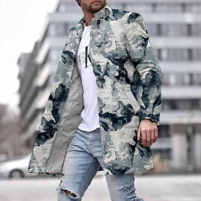 Men's Ink Painting Winter Coat Fleece Jacket Overcoat Thermal Comfortable Artistic Casual Outdoor Party Evening Wear Daily Wear 3D Print Buttons Front Pocket Winter Turndown Long Sleeve Blue