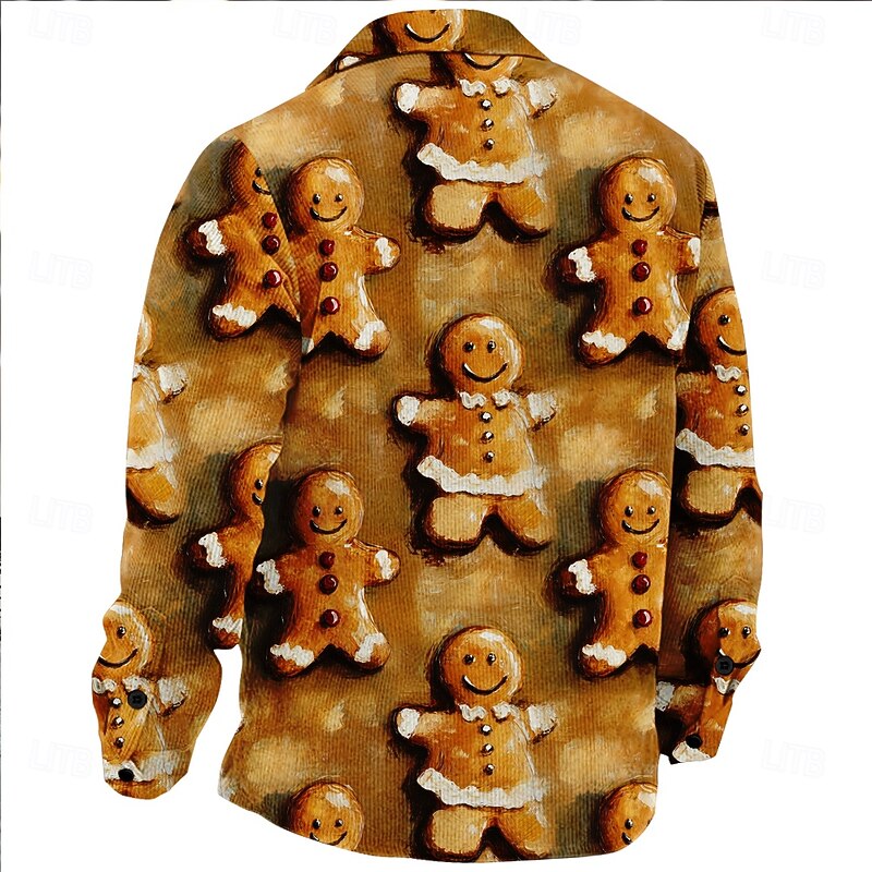 Christmas Men's Gingerbread Shirt Corduroy Shirt Shirt Jacket Long Sleeve Ugly Casual Event / Party Dailywear Fall & Winter Turndown Collared Shirts Buttons 3D Print 2 Pockets 1pc Brown2