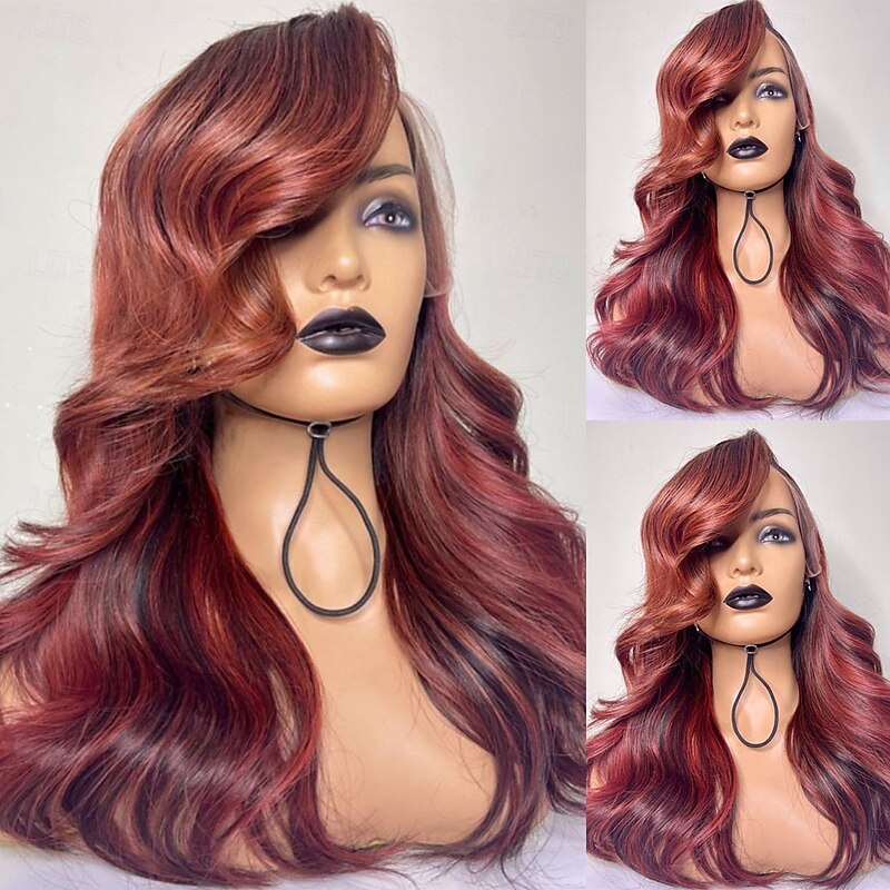 Human Hair 13x4 Lace Front Wig Side Part Brazilian Hair Body Wave Burgundy Wig 130% 150% Density Highlighted / Balayage Hair Natural Hairline 100% Virgin Glueless Pre-Plucked For Women Long Human