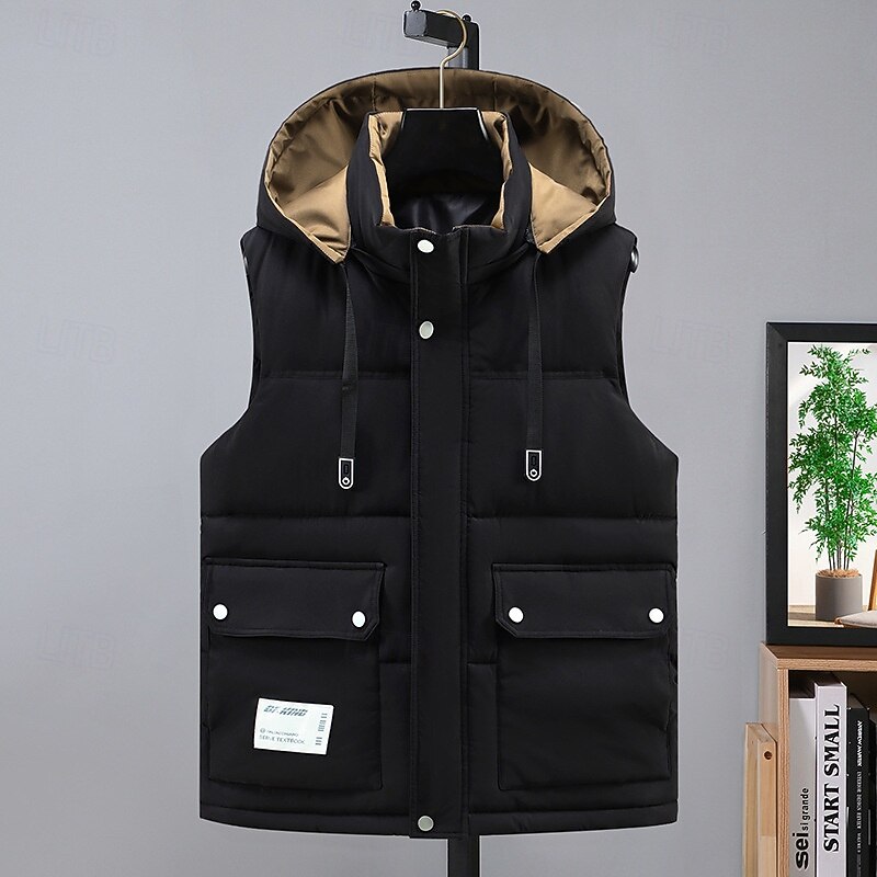 Men's Puffer Vest Hoodie Vest Quilted Vest Daily Wear Vacation Going out Fashion Basic Spring &  Fall Zipper Multi Pocket Polyester Comfortable Plain Hidden Stand Collar Regular Fit Black White Brown2