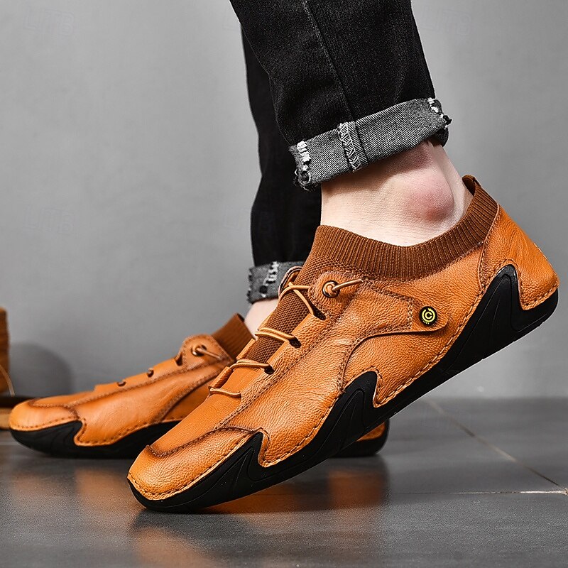 Men's Leather Slip-On Casual Sneakers with Mesh Knit Ankle and Flexible Sole - Ideal for Everyday Wear and Outdoor Activities4