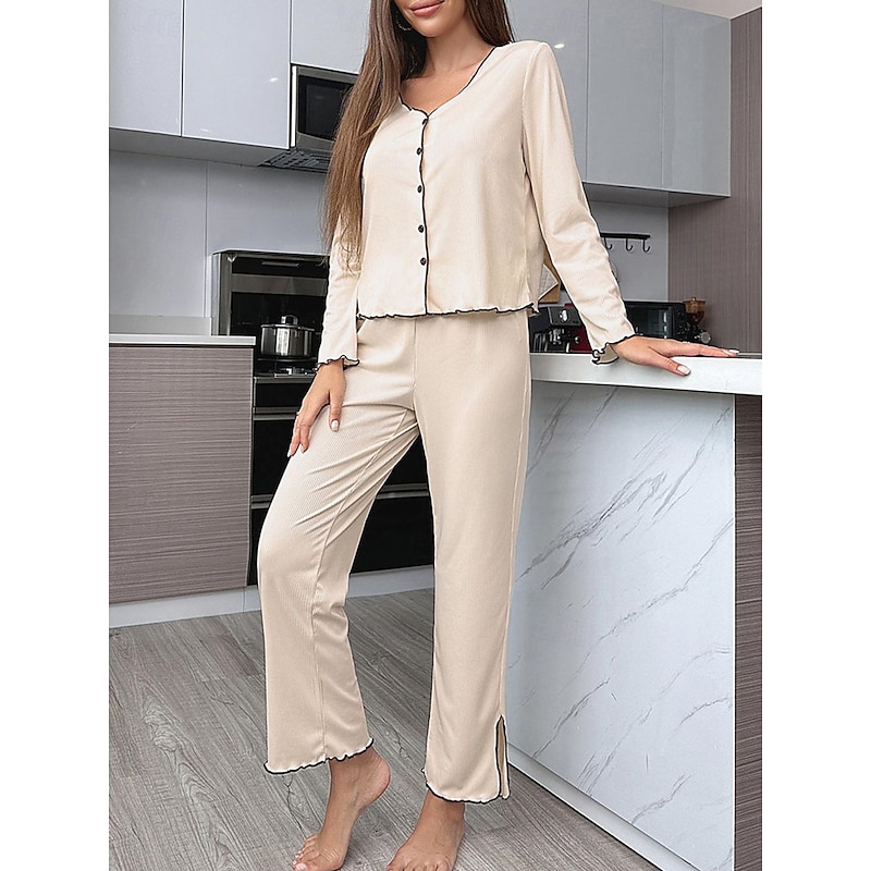 Women's Pajama Set Pure Color Casual Comfort Home Daily Comfort Warm V Neck Long Sleeve T shirt Pant Button Up Elastic Waist Fall Winter Home Outfits2