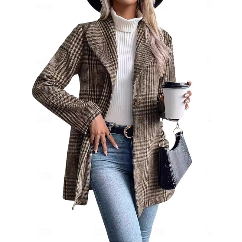 Women's Casual Jacket Outdoor Street Daily Wear Fall Winter Regular Coat Regular Fit Thermal Warm Breathable Stylish Casual Jacket Long Sleeve Stripes and Plaid with Pockets Print Red Camel Gray - Main Image