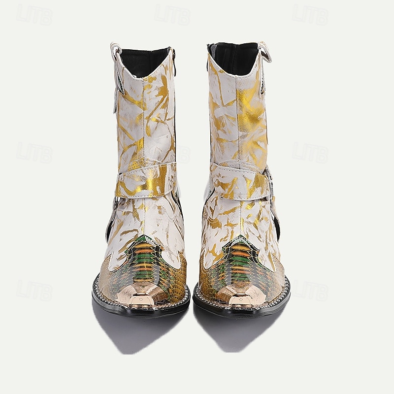 Men's Gold Snakeskin Leather Motorcycle Boots – Western Style Pointed Toe Ankle Boots with Buckle Straps and Bold Metallic Accents 8