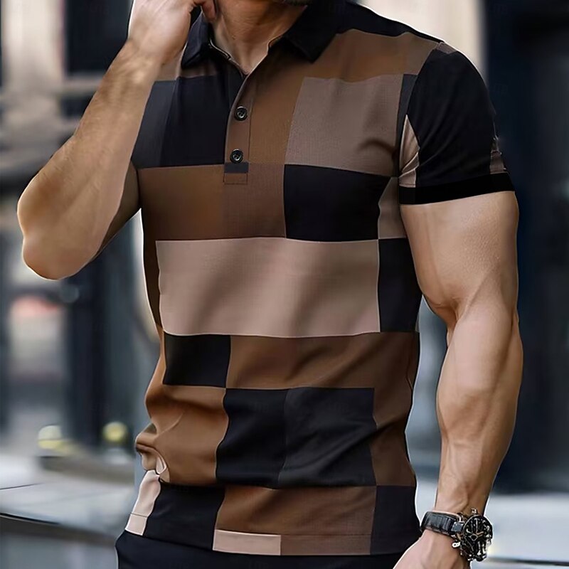 Men's Plaid Golf Shirt Short Sleeve Polo Shirts Collared Shirts Casual Vacation Wear Formal Wear Festival Wear Buttons 3D Print Summer Dark Brown Black Blue
