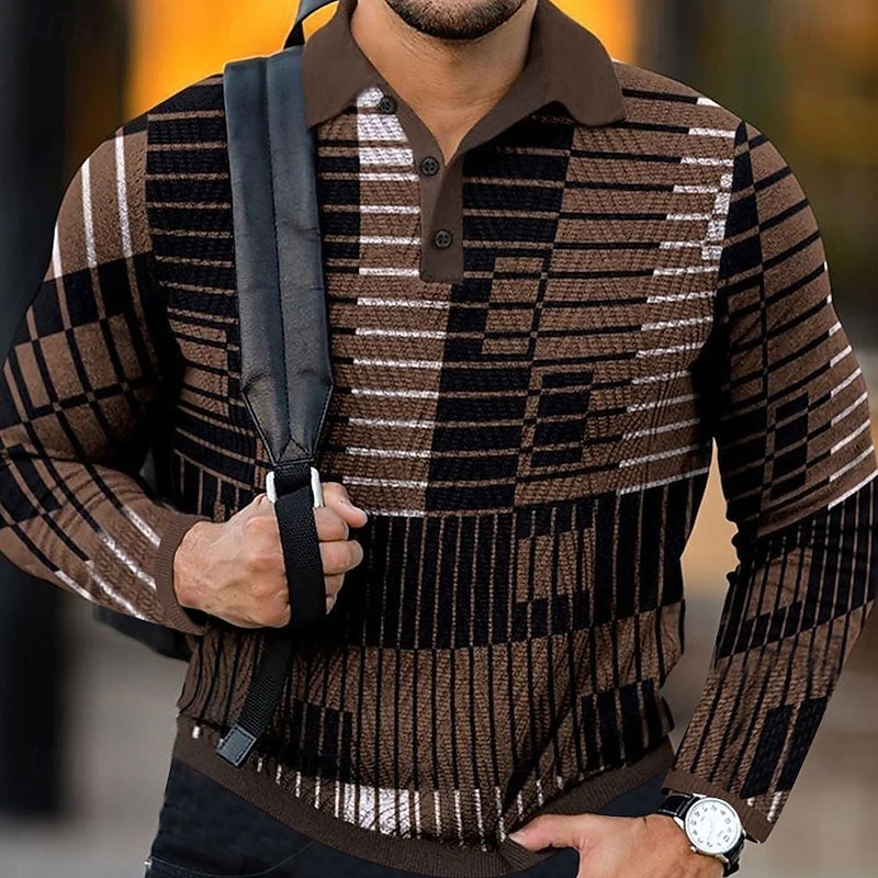 Men's Plaid Waffle Polo Shirts Golf Shirt Long Sleeve Polo Shirts Collared Shirts Vintage Casual Vacation Wear Formal Wear Festival Wear Buttons 3D Print Black Blue Brown3