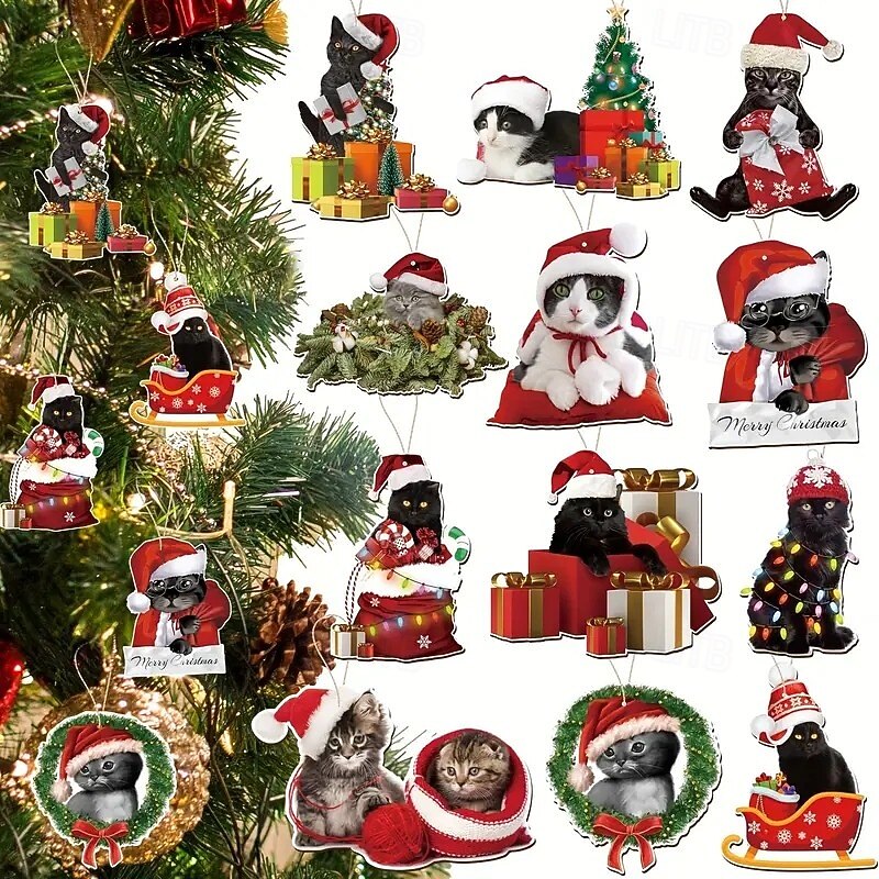 24pcs Christmas Wooden Ornaments, Classic Black Cat Tree Decorations, Versatile Holiday Hanging Decor for Thanksgiving, Halloween, and Other Celebrations, Perfect Gift for Cat Lovers