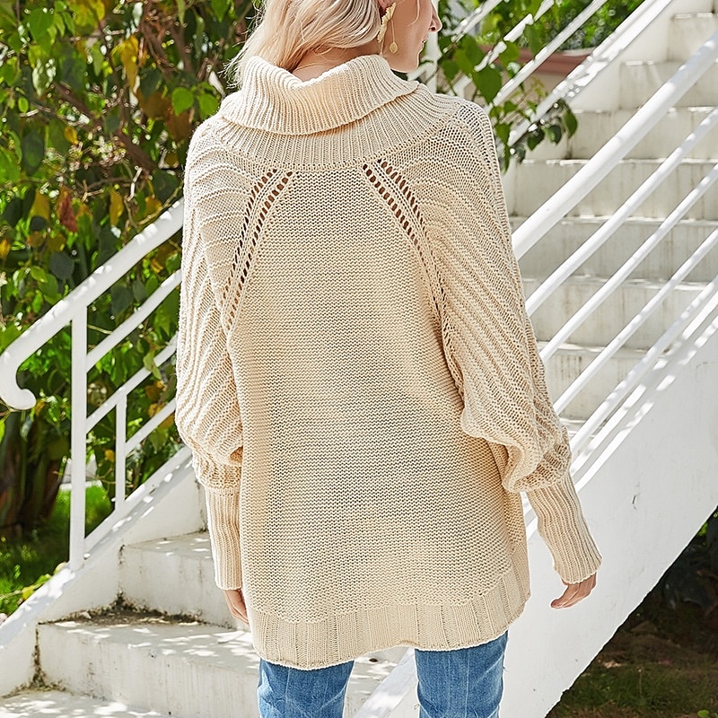 Women's Sweater Pullover Sweater Jumper Casual Soft Pure Color Cable Turtleneck Knitted Long Sleeve Regular Tops Knit Outdoor Daily Weekend Navy Blue Beige Fall Winter2