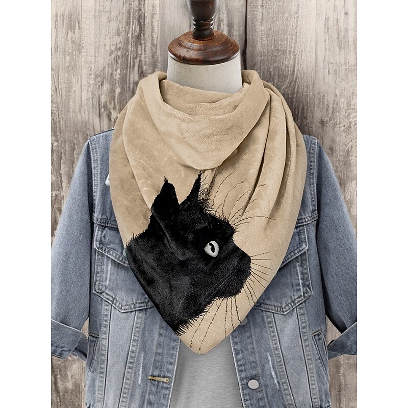 Women's Vintage-Style Beige Scarf with Black Cat Print – Cozy and Unique Accessory for Cat Lovers, Perfect for Fall and Winter Outfits2