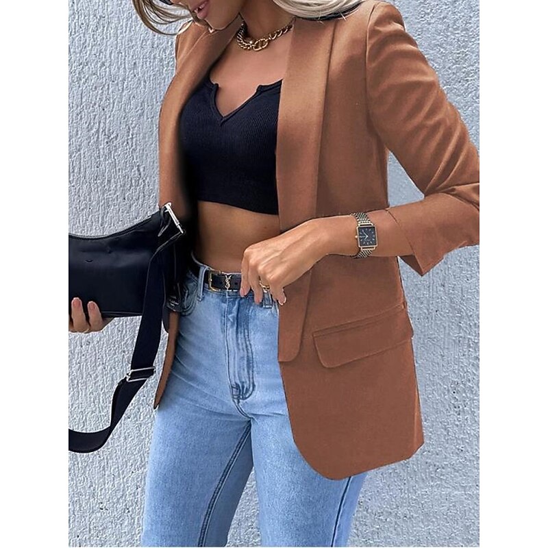 Women's Blazer Work Pocket Solid Color Breathable OL Style Regular Fit Outerwear Long Sleeve Fall Black S4