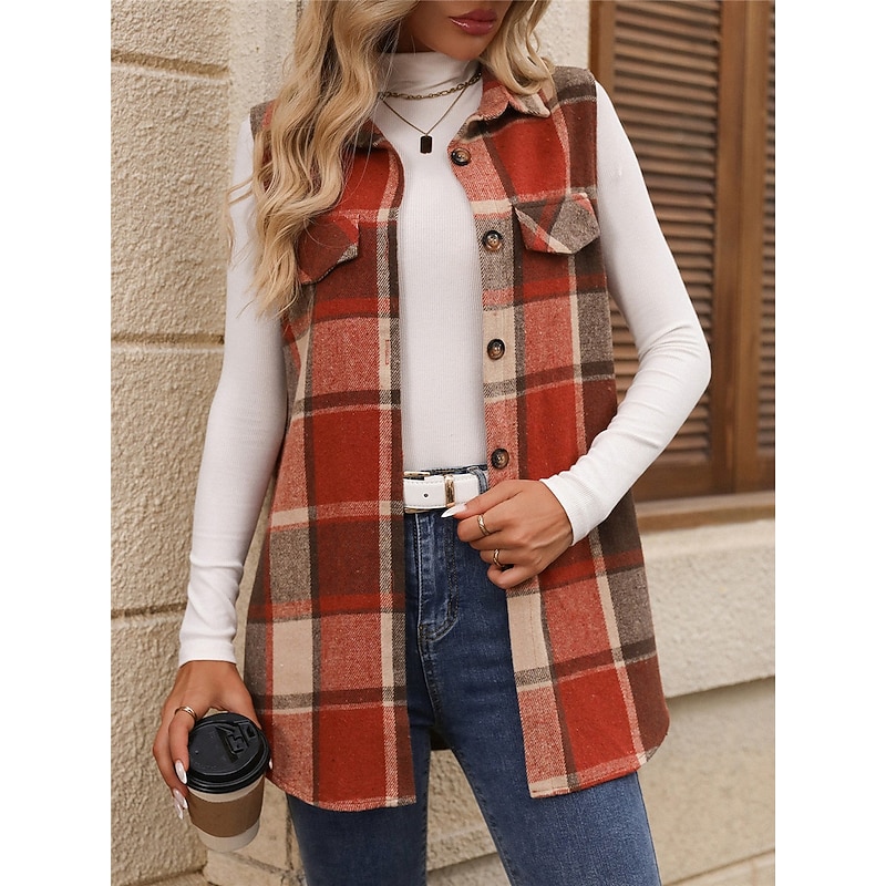 Women's Vest Outdoor Street Daily Wear Fall Winter Regular Coat Regular Fit Thermal Warm Breathable Stylish Casual Jacket Sleeveless Stripes and Plaid with Pockets Print Orange Green Khaki