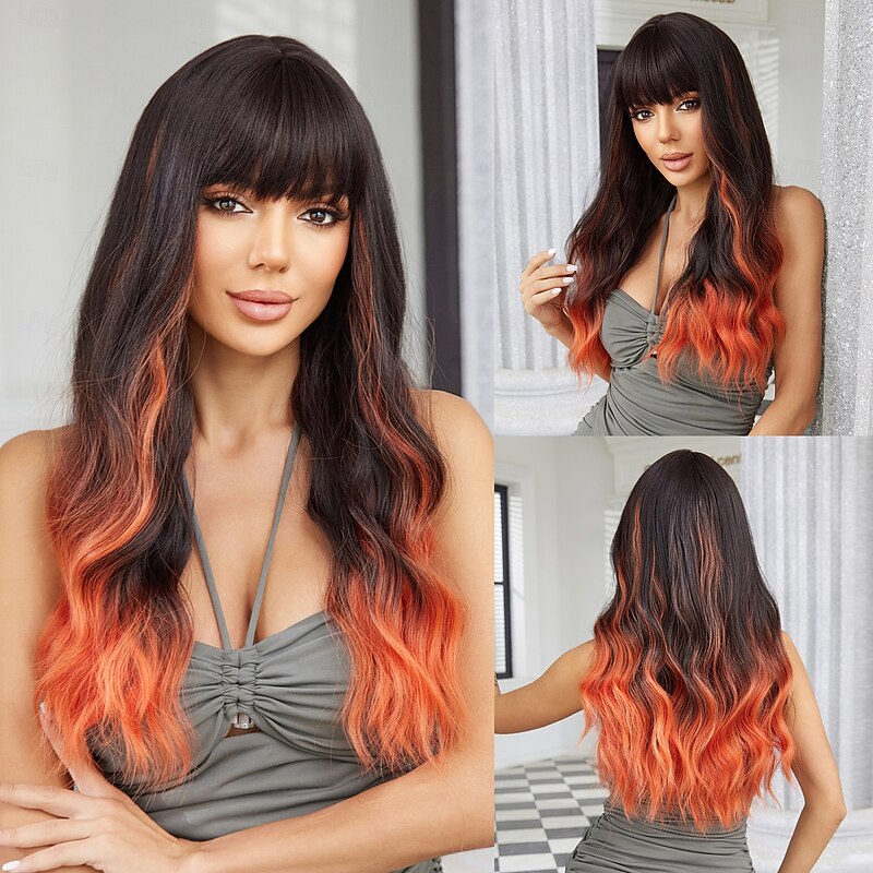 Synthetic Wig Curly Wavy Neat Bang With Bangs Machine Made Wig 26 inch Ombre Orange Synthetic Hair Women's Cute Cosplay Party Orange