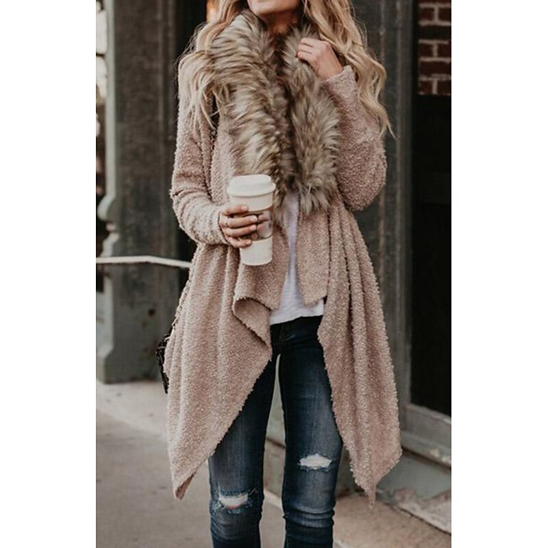 Women's Casual Jacket Outdoor Fur Collar Solid Color Windproof Fashion Regular Fit Outerwear Long Sleeve Fall Black S3