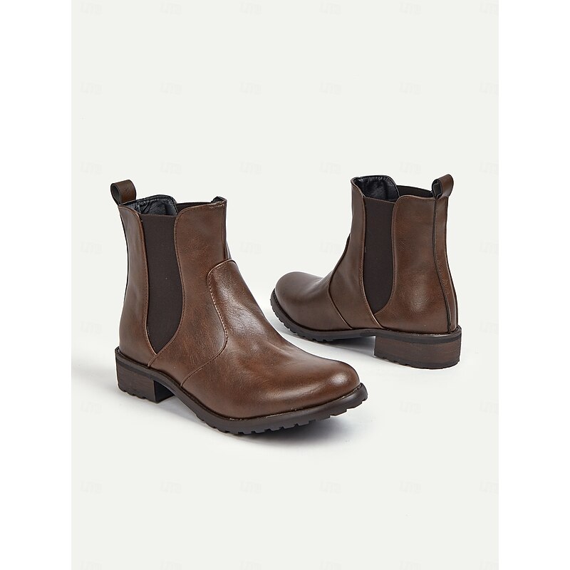 Women's Vintage Brown Faux Leather Chelsea Ankle Boots with Elastic Side Panels – Casual Slip-On Style for Fall and Winter Outfits3