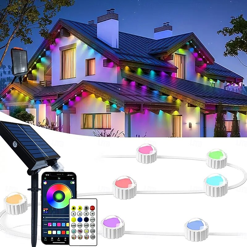 36LEDs 53ft Solar Energy Permanent Outdoor Lights, RGBIC Smart Eaves Lights, LED String Eternity Lights with App & Remote IP65 Waterproof Roof courtyard Outdoor Lighting for Christmas Holiday Pluggable