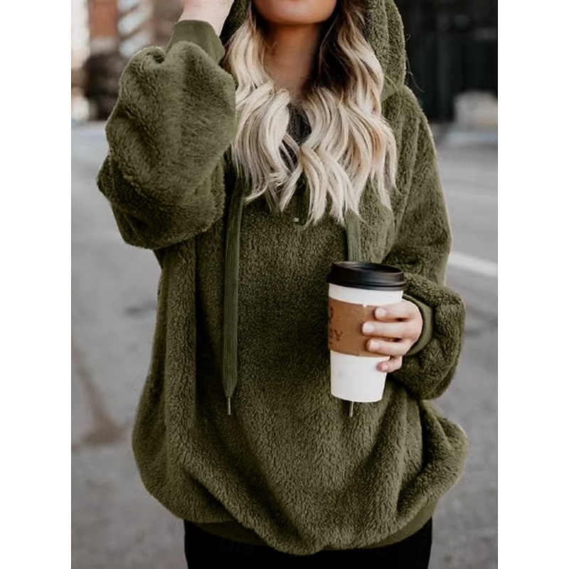 Women's Hoodie Sweatshirt Casual Sherpa Plain Street Dailywear Hoodie Zipper Pocket Long Sleeve Wine Brown Green Fall Winter4