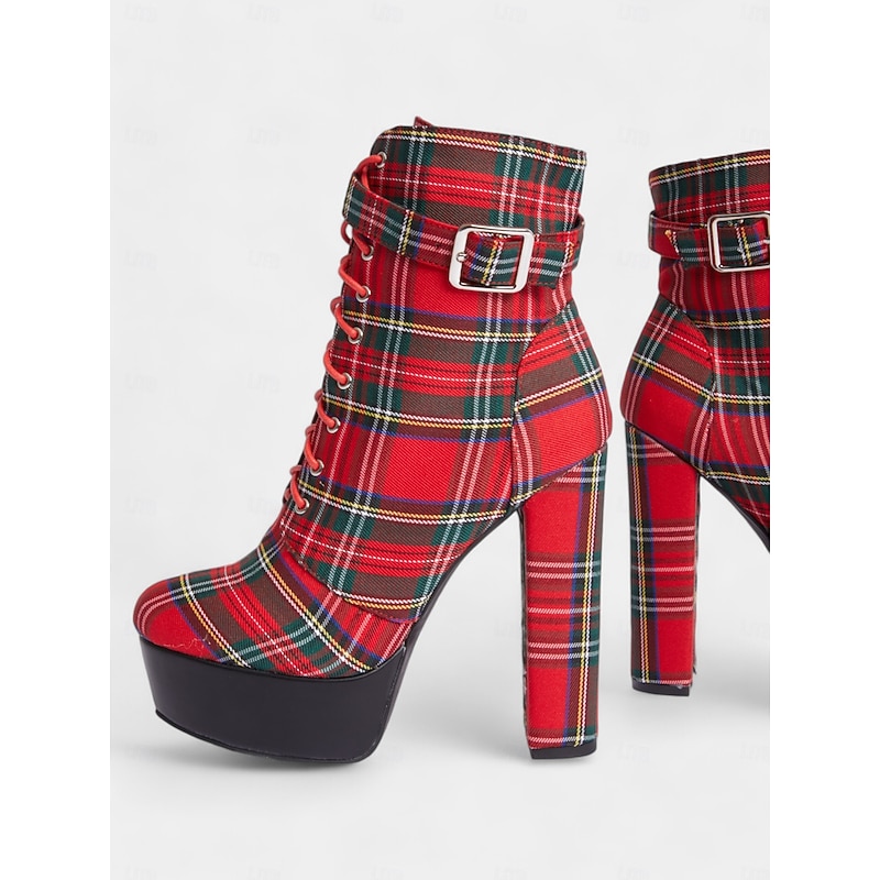 Women's Red Tartan Platform Ankle Boots - Chunky Heel Plaid Lace-Up Boots with Side Zipper for Punk and Alternative Fashion