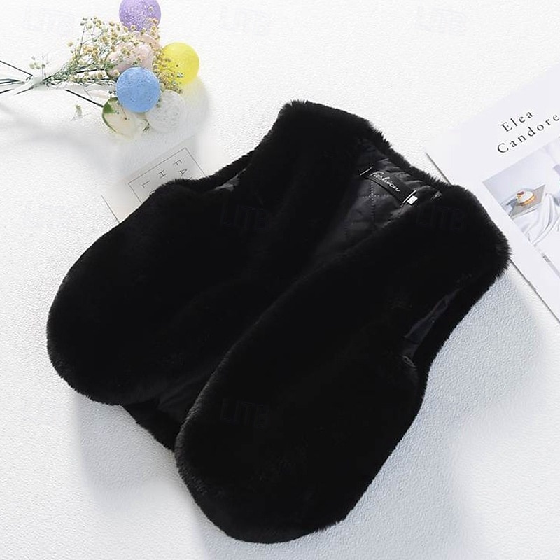 Kids Girls' Faux Fur Coat Solid Color Cute Patchwork School Coat Outerwear 4 years+ Fall Black Pink Red2